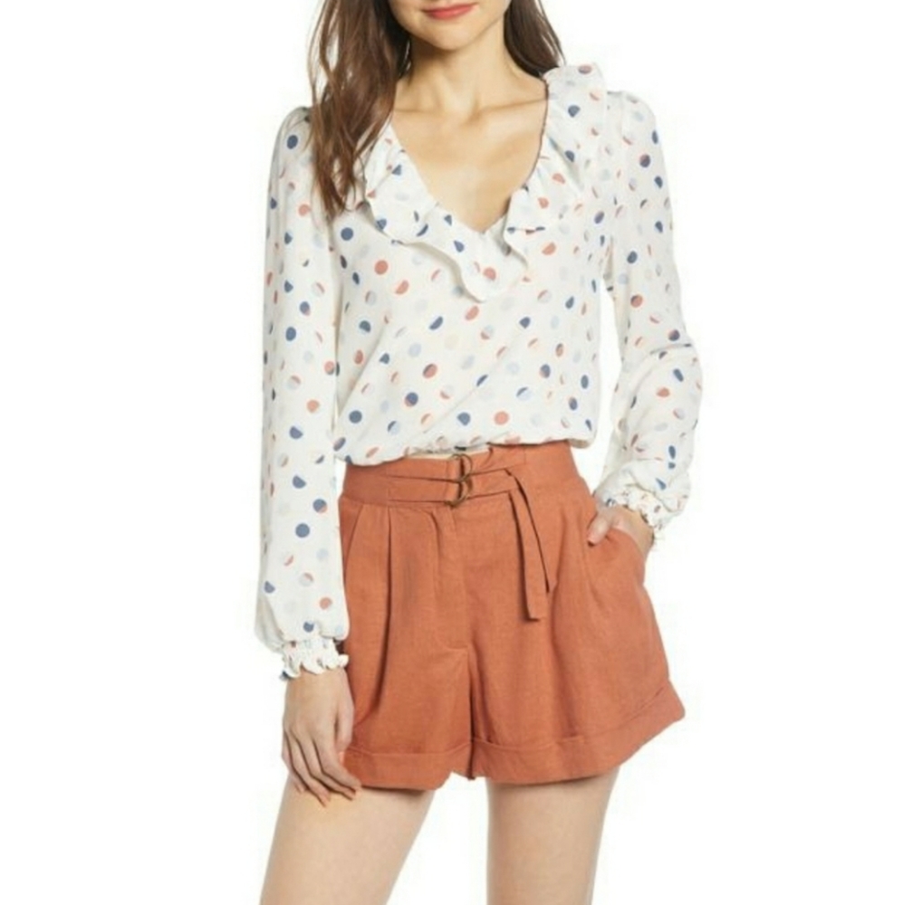 June & Hudson Polka Dot Ruffle V-Neck Blouse L